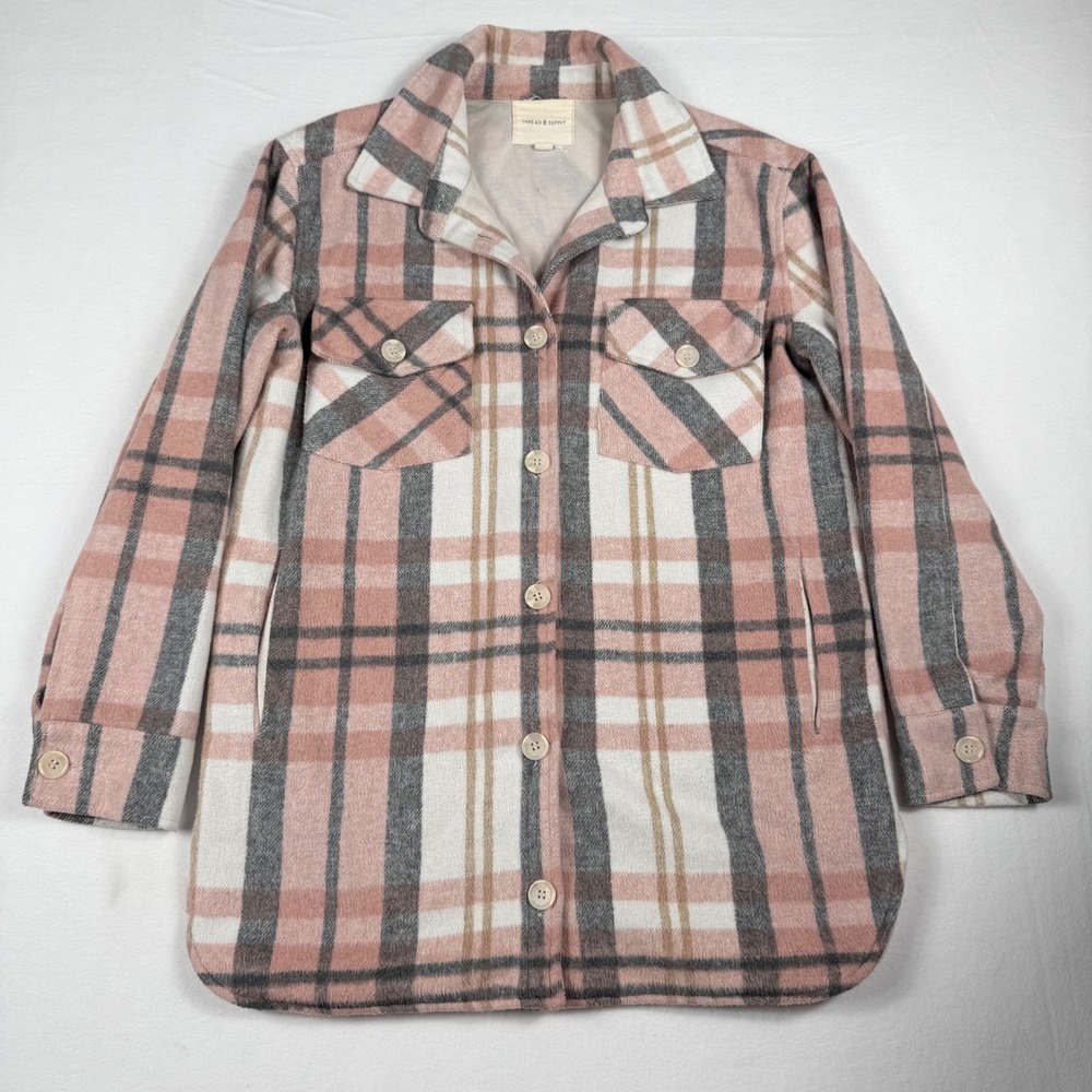 Thread & Supply Plaid Shacket Small Pink Creme Plaid Oversized Cottagecore Boho